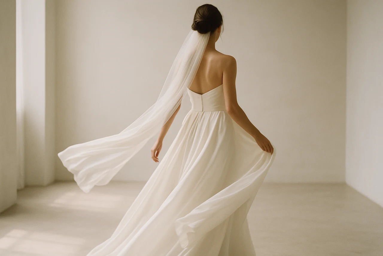 A bride in flowing white silk, seen from behind in soft light